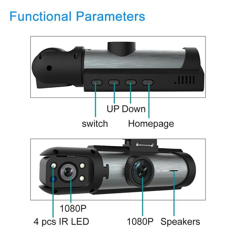 Car Dash Cam with Front and Rear Camera, 1 Count Car Dashboard Wide Angle Dash Cam with IR Night Vision, Loop Recording Car Camera with 32GB TF Card